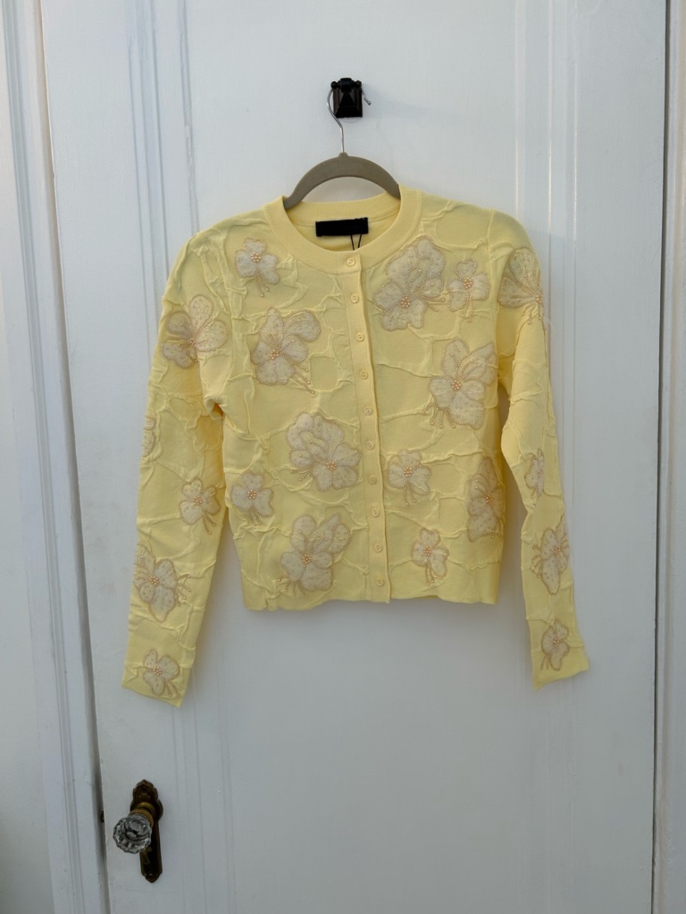 Zara Pale Yellow Floral Appliqué Button-Up Cardigan